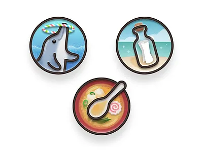 Badges 🐬🫙🥘 activity rings apple watch badge beach cute dolphine drifting bottle fish cake food graphic design illustration ios app iphone kamaboko miso soup ocean sea spoon sticker tofu