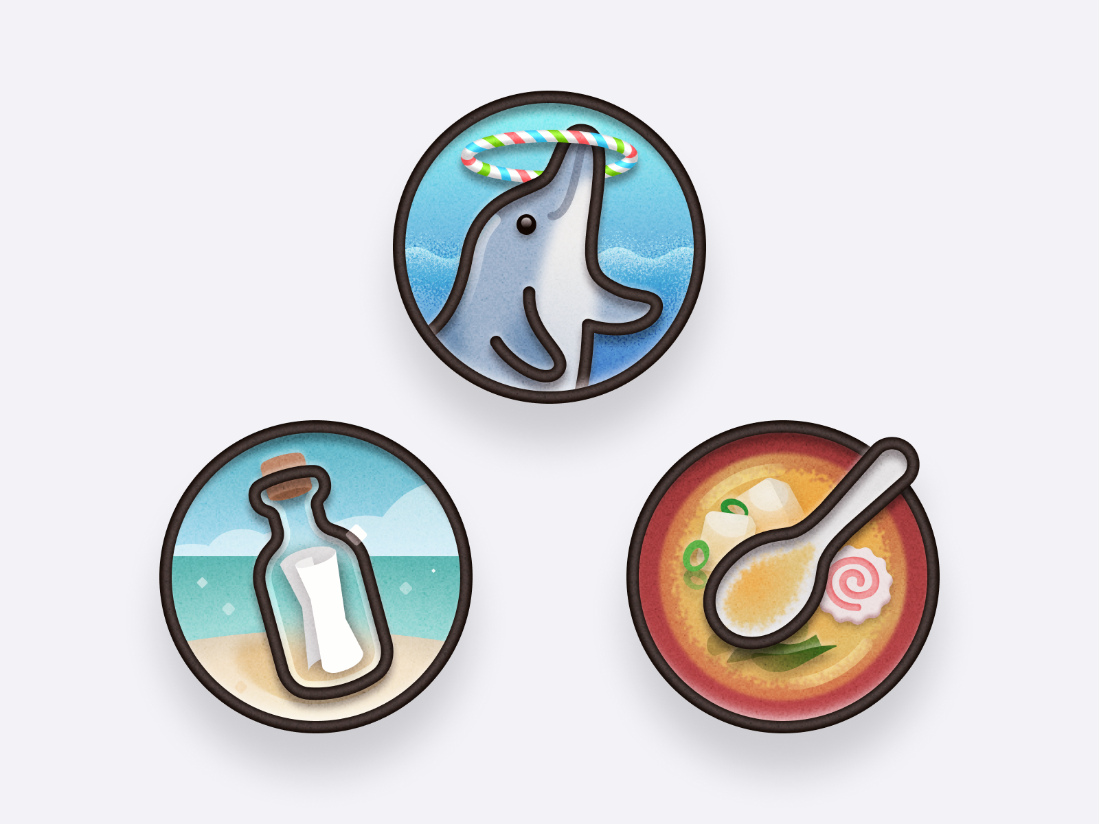 Badges 🐬🫙🥘 activity rings apple watch badge beach cute dolphine drifting bottle fish cake food graphic design illustration ios app iphone kamaboko miso soup ocean sea spoon sticker tofu