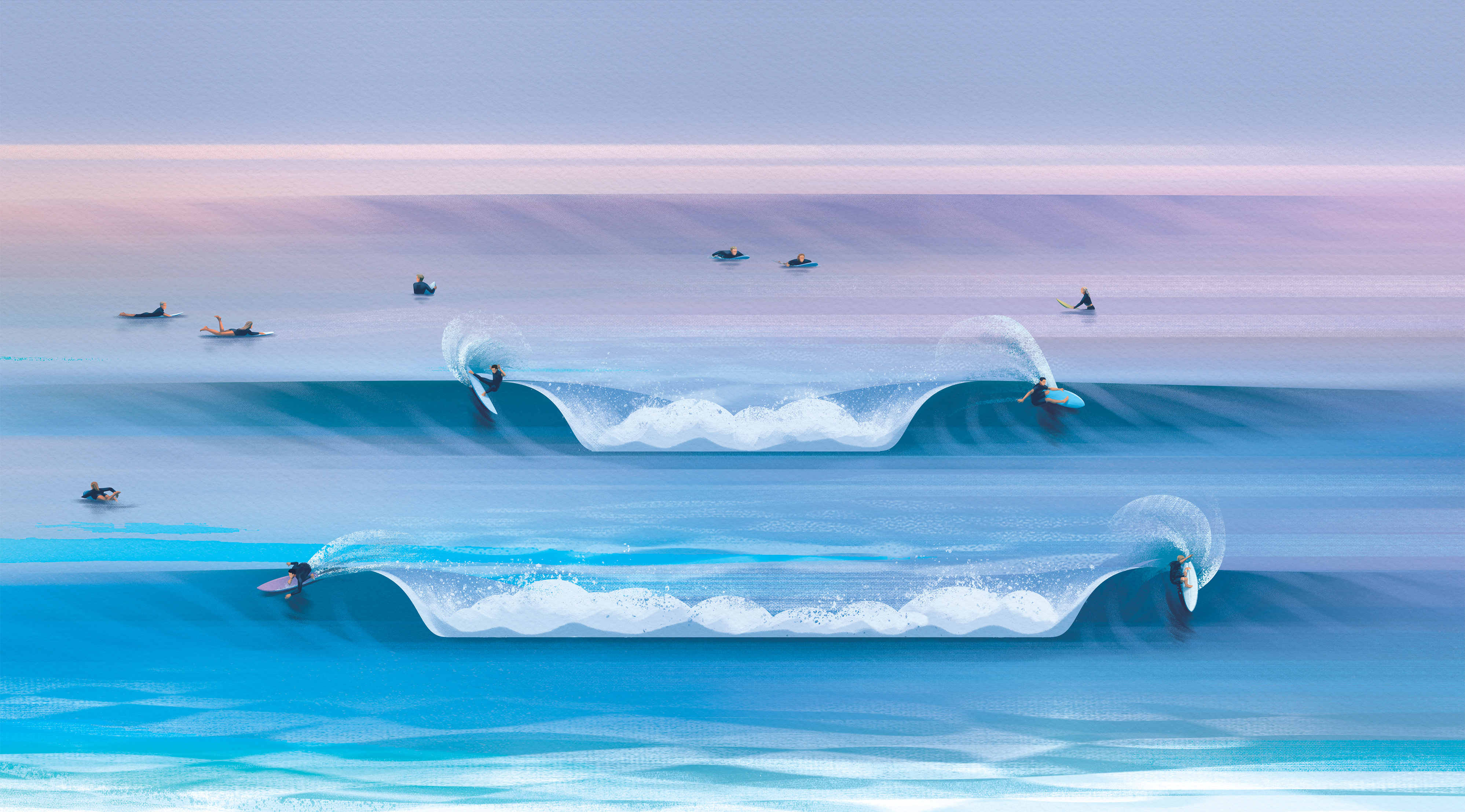 The line up colorful illustration lineup ocean paddling sports surfboard surfer surfing texture wave whitewash