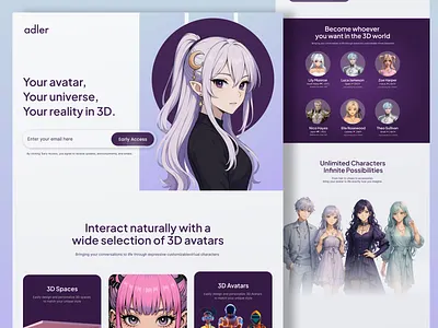 Adler - Avatar Landing Page 3ddesign 3dplatform avatar avatarplatform creativity graphic design interfacedesign landingpage metaverse purple ui uiconcept virtualworld webdesign