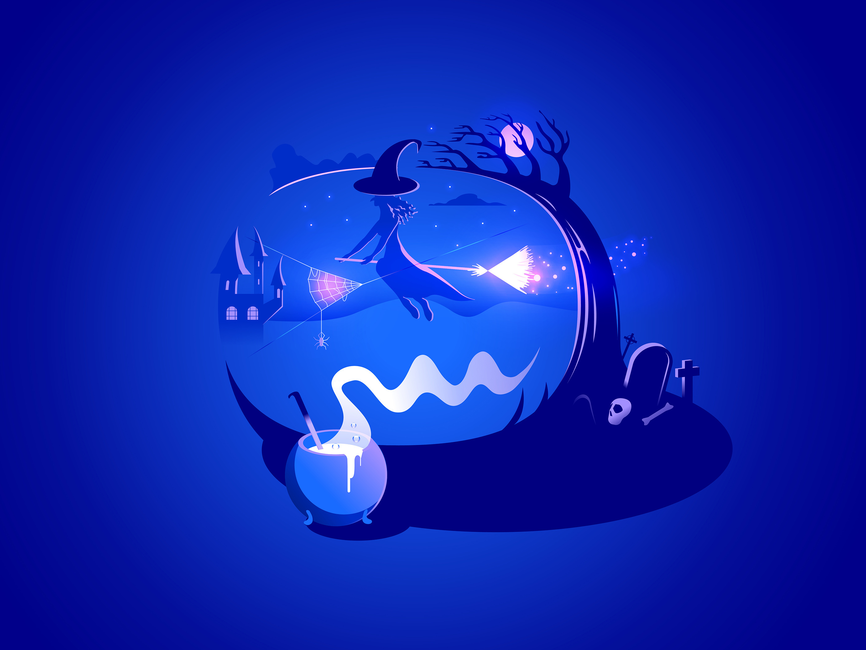 Halloween Pumpkin castle cauldron conceptual glow halloween moonlight neon blue pumpkin vector witch