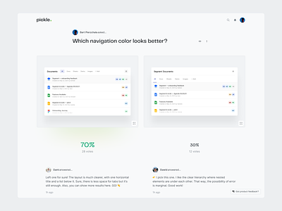 Pickle — Design Feedback Tool 🥒 ab tests bias comments feedback interface opinion pickle poll polling preference testing results test ui vote voting web
