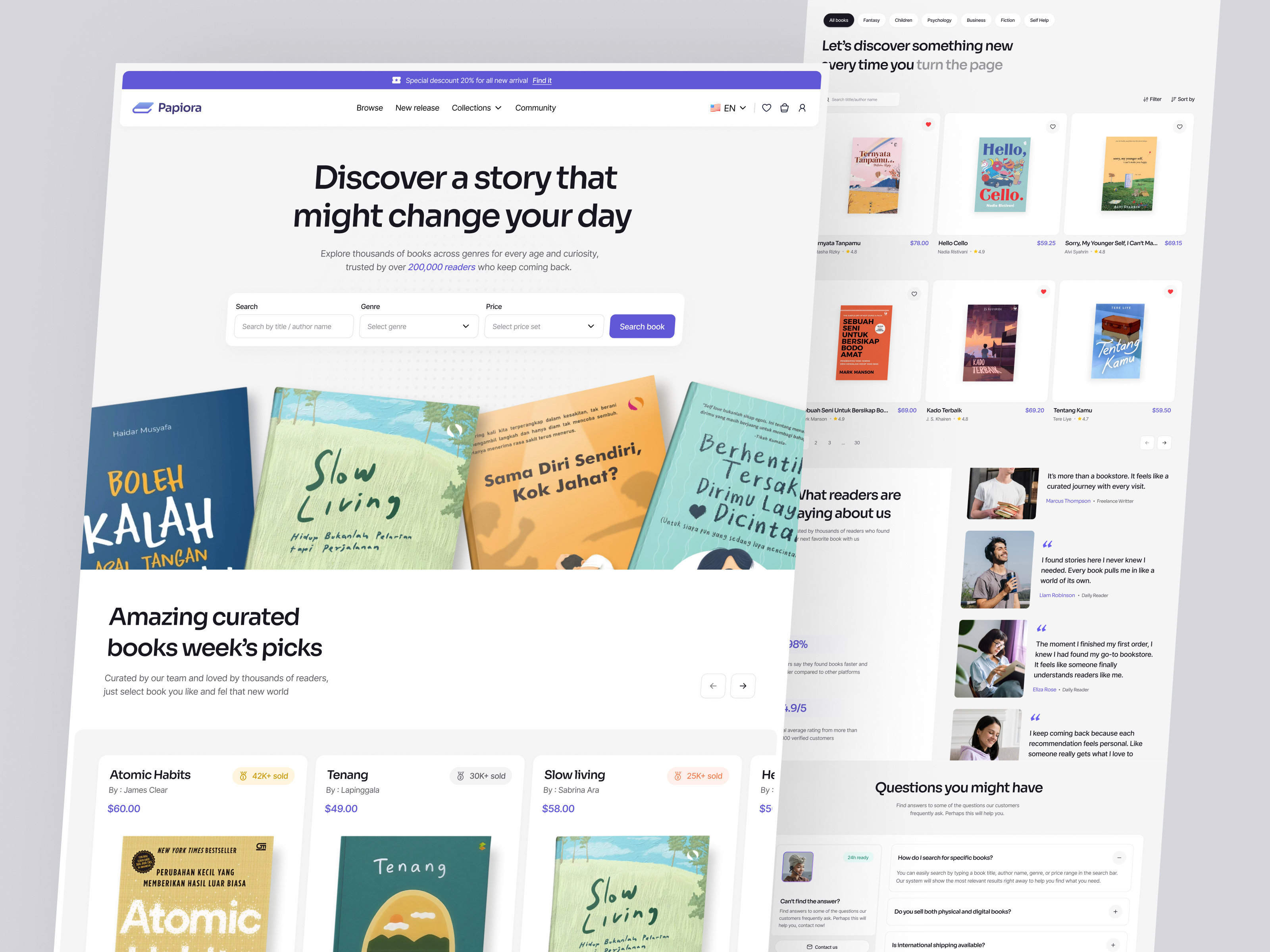 Papiora – Online Book Discovery Platform book discovery book ecommerce bookstore ui card design clean ui digital bookstore ecommerce design faq section gradient aesthetic homepage design library app minimal design modern interface papiora product listing reading platform responsive ui ui design ux design web design