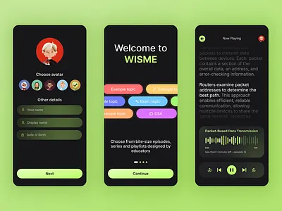 Wisme App Design and Study education landing screen mobile music player player screen podcast profile ui