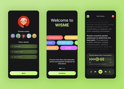 Wisme App Design and Study education landing screen mobile music player player screen podcast profile ui