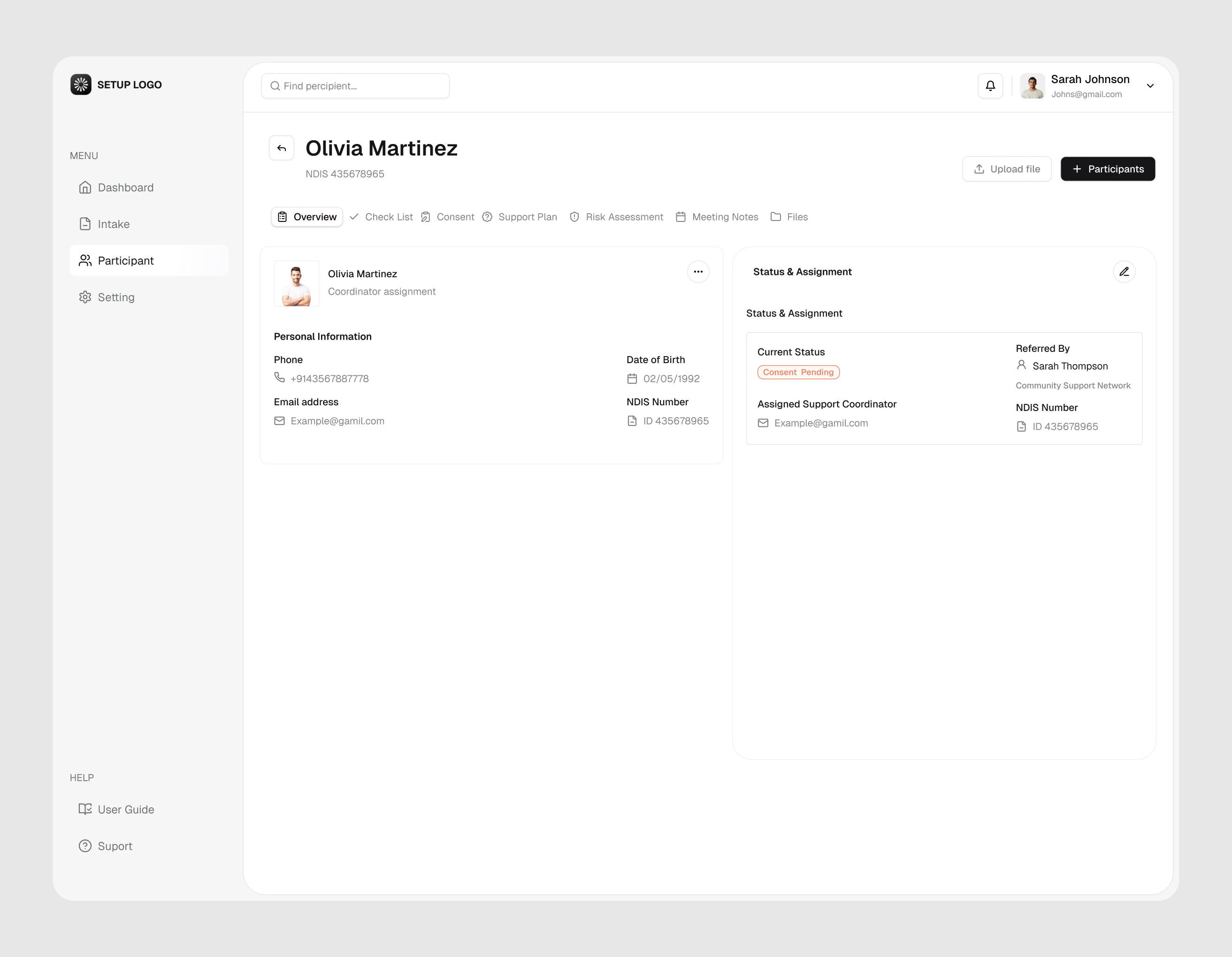 Profile overview ui app crm dashboard erp healthcare healthcare management overview page participant participant profile product design profile profile overview ui software ui user friendly healthcare saas ux webapp