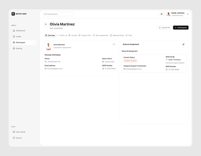 Profile overview ui app crm dashboard erp healthcare healthcare management overview page participant participant profile product design profile profile overview ui software ui user friendly healthcare saas ux webapp