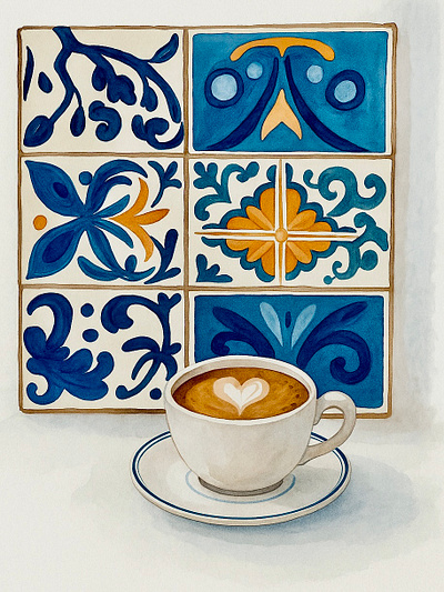 A still study “Coffee & Tiles” adobe art artwork blues coffee digitalart drawing fresco illustration tiles