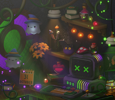 Haunted Desk Corner 3d blender cartoon character design computer cute desk setup halloween magic retro
