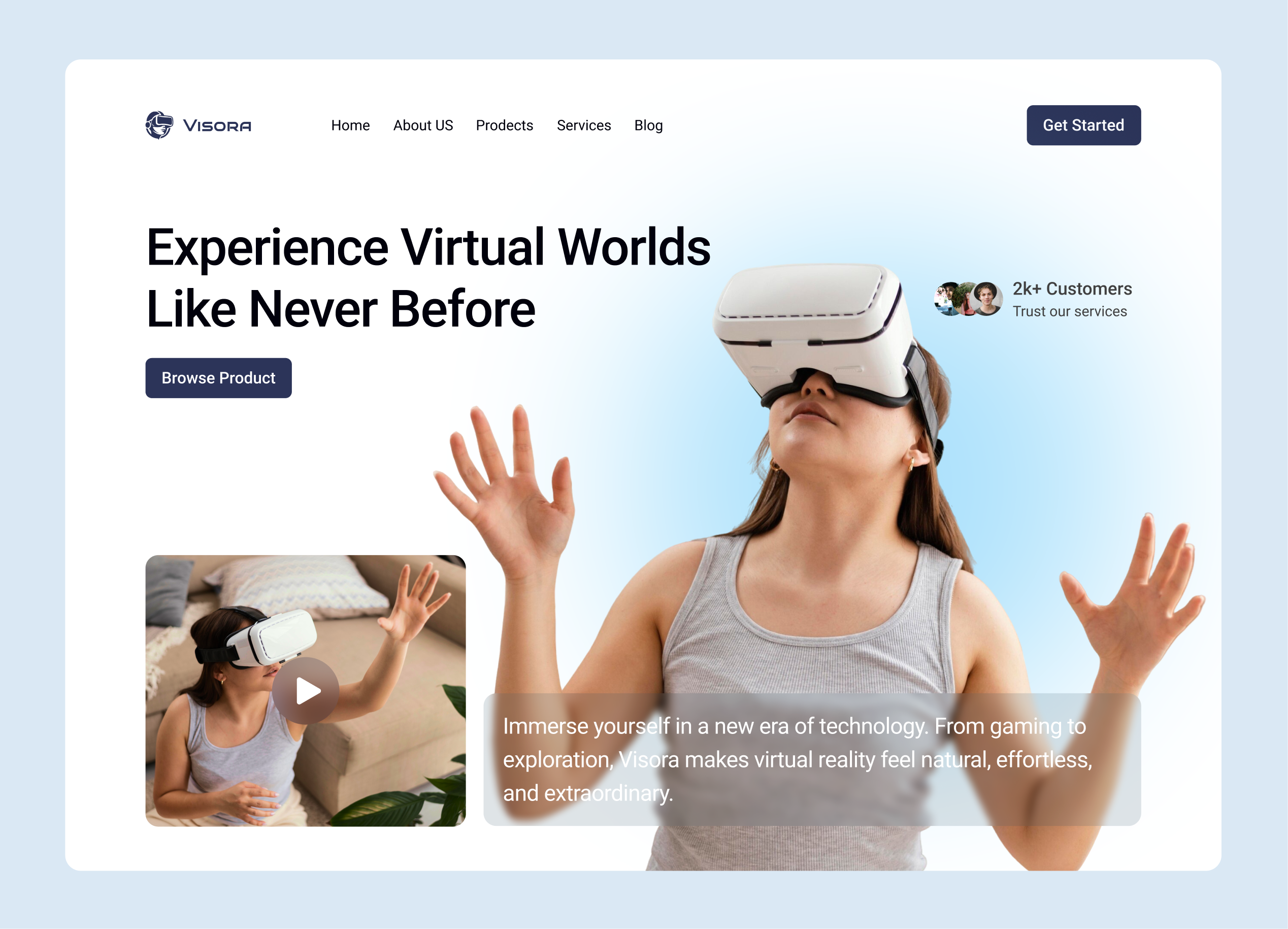 Visora - Virtual Reality Hero Section cleandesign creativedesign designconcept dribbbleshots futuristicdesign herosection innovation interfacedesign metaversedesign minimalui modernui productdesign techdesign uidesign virtualreality visualdesign vrdesign vrexperience webdesign webinterface