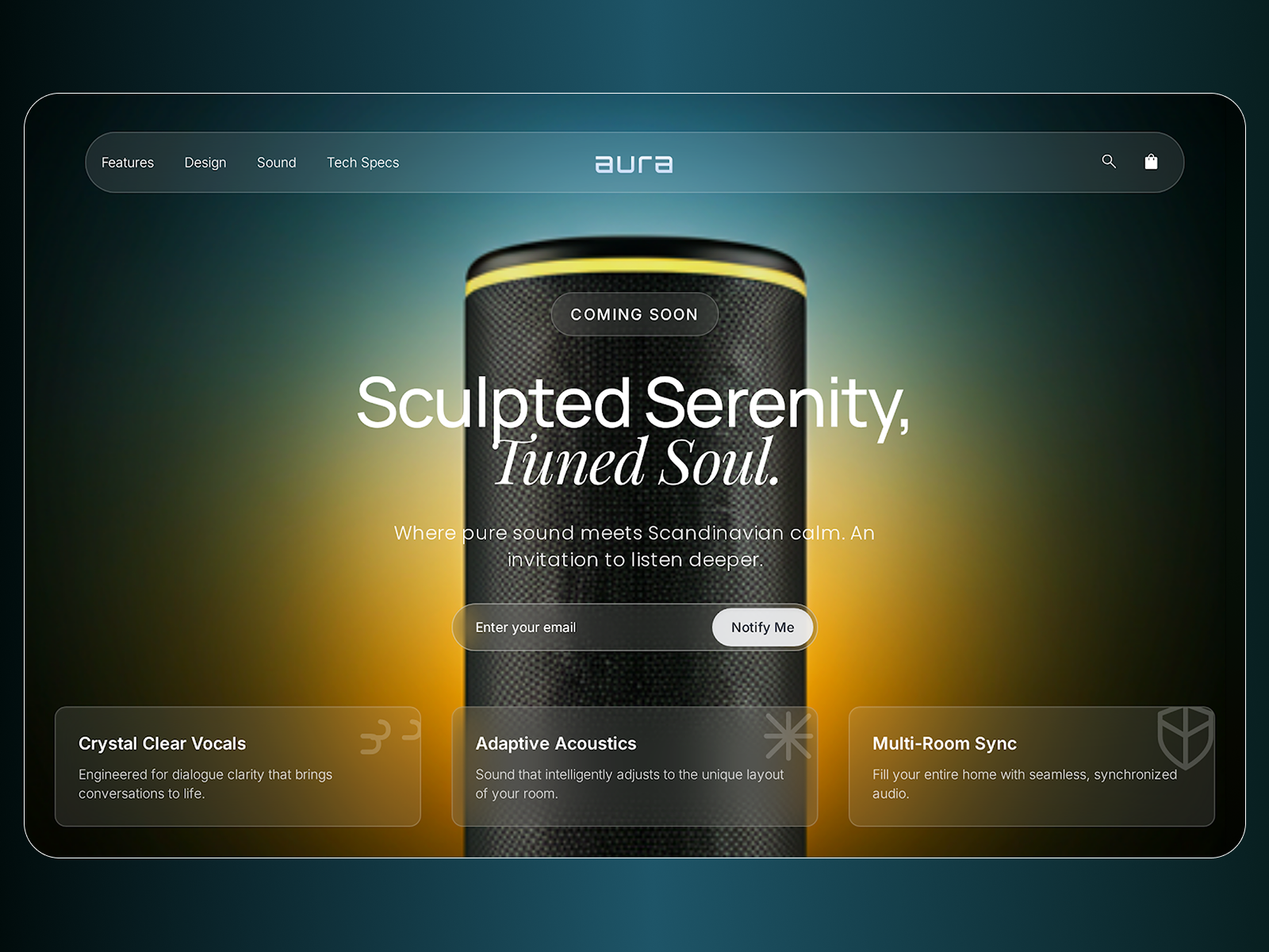 AURA — Sculpted Serenity: Premium Smart Speaker concept design dark mode digital marketing ecommerce electronics figma glassmorphism high fidelity landing page minimal ui premium design product design product page saas smart speaker technology typography ui design ux design web design