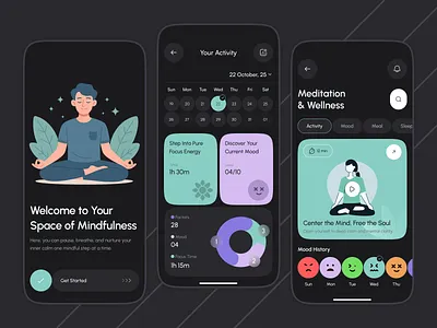 Meditation & Wellness Mobile App Dark Theme activity tracker app screen calm dark ui dashboard ui digital wellness fitness fitness app flat illustration health app home page illustration meditation app mental health mental health tracker mindfulness minimal design mood tracker wellness app