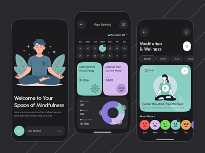 Meditation & Wellness Mobile App Dark Theme activity tracker app screen calm dark ui dashboard ui digital wellness fitness fitness app flat illustration health app home page illustration meditation app mental health mental health tracker mindfulness minimal design mood tracker wellness app
