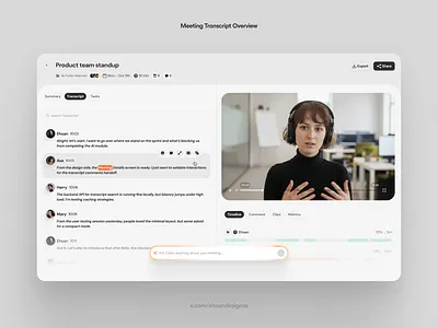 Meeting Transcript Overview ai ai meeting ai note taker ai notetaker ai summaries assistant call transcripts component meetings mobile note taking product design record screen record transcriptions video video editing web