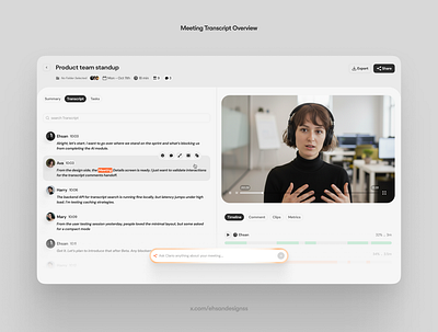 Meeting Transcript Overview ai ai meeting ai note taker ai notetaker ai summaries assistant call transcripts component meetings mobile note taking product design record screen record transcriptions video video editing web