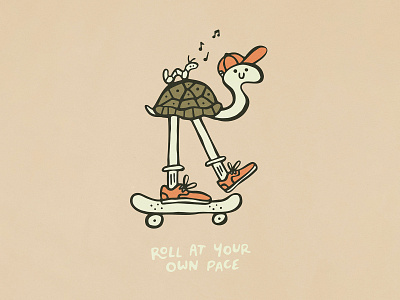 Roll At Your Own Pace animal character cute design fun handmade illustration lettering shoes skateboard texture turtle type typography worm