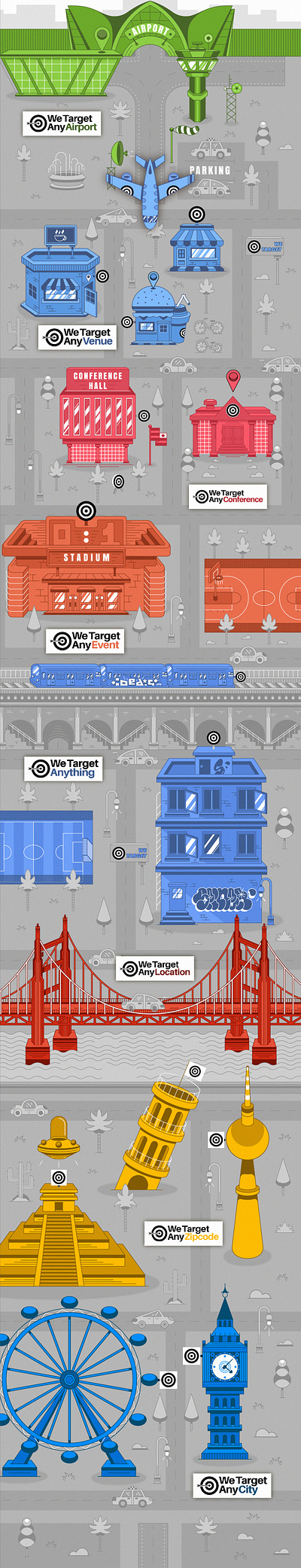 We Target Webpage Iconic Illustration 2d cartoon city cityscape earth europe geometrical graffiti graphic design icon iconography illustration ny skyline targeting usa vector graphics worldwide