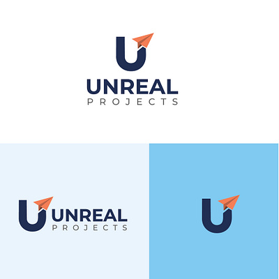 Unreal Projects - U Letter Logo with Paper Plane airplane brandidentity branding brandmark cleandesign corporate creative flatdesign identity letteru logo logodesign logomark mark minimalist modernlogo paperplane travel uletter vectorlogo