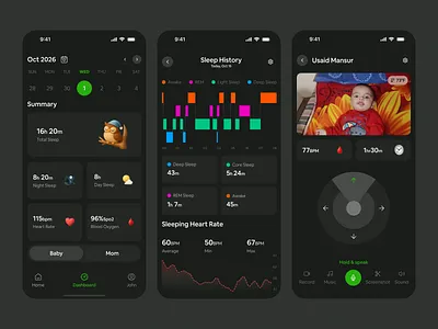 Baby Monitoring App Design. baby care baby deep sleep baby light sleep baby monitoring app design baby sleep history dashboard design deep health tech minimal mobile design modern app design parenting app product design real time monitoring rem sleep tracker sleeping heart rate baby smart home ux