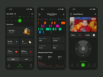 Baby Monitoring App Design. baby care baby deep sleep baby light sleep baby monitoring app design baby sleep history dashboard design deep health tech minimal mobile design modern app design parenting app product design real time monitoring rem sleep tracker sleeping heart rate baby smart home ux