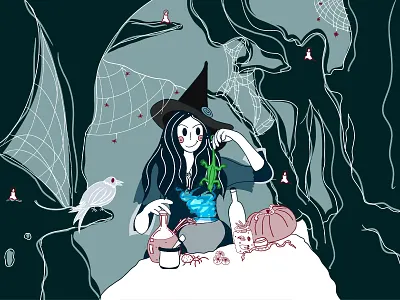 Halloween with a witch 🧙‍♀️ branding character character design clean design eyes graphic design illustration minimal pumpkin raven simple snake spider spiders web ui ui design witch witchcraft witches cauldron