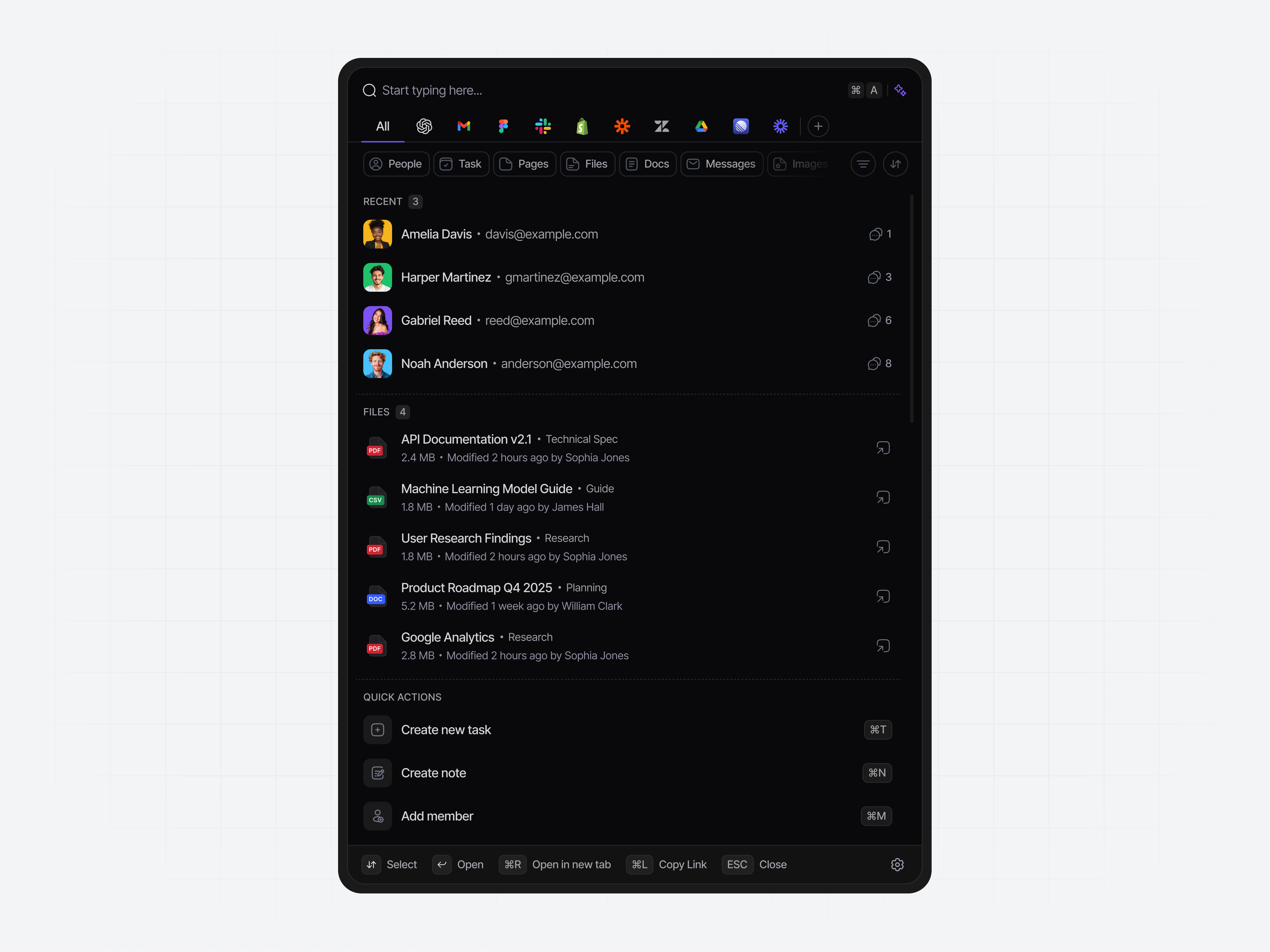 Command Palette: Dark Mode categorized results command command palette dark mode files filter chips menu modal window navigation people product designer search search bar search crm search flow search results search saas search ux task unified search