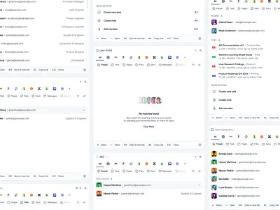 Command Search - Light mode action buttons command palette command search data sources empty state empty state design faceted navigation file filter global search gmail keyboard quick actions quick actions panel search filters search input field suggestions