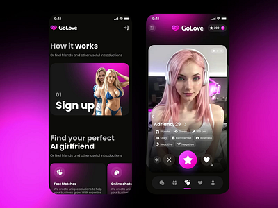 AI dating mobile and web app UI/UX design 🍒 ai ai dating app ai integration branding bumble case study crypto dark ui dating glow gradient glow neon roobinium tinder web3