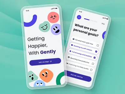 Gently: Onboarding Flow for a Happier You (Mobile UI) app design illustration mental health mobile app design mobile design mood apps mood tracker onboarding simple ui uiux wellness app