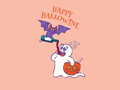 Happy Hallowine illustration for drinking glasses bat cartoon character cartoon ghost cartoon illustration cartoon style cartoonish drinking ghost glass illustration glass mockup halloween halloween bat halloween ghost hallowine humorous jackolantern pumpkin vector illustration win bottle wine