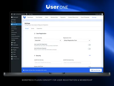User ONE - WordPress Plugin Settings UI Concept admin clean membership plugin recaptcha registration settings ui wordpress