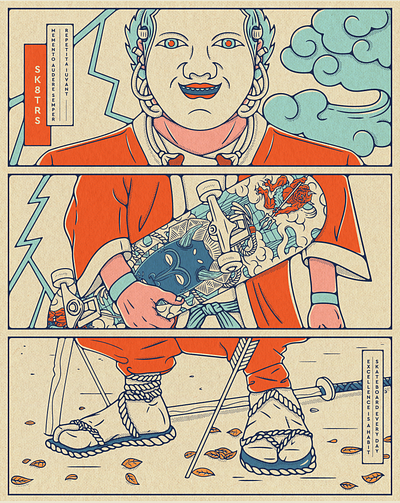 From Africa to Japan editorial graphic design illustration japan japanese kabuki mask nippon poster poster design samurai skate skateboard skateboarding skater theater vector illustration