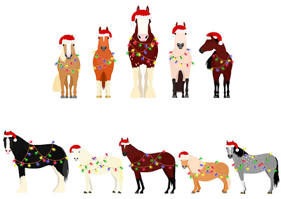 Se of horses with Christmas decorations animal cartoon christmas cute design graphic design hats horses illustration lights