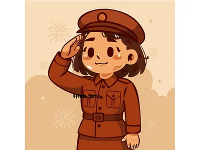 Cartoon Girl in Uniform Saluting america american army celebration day event flag freedom greeting heroes honor memorial memories military patriotism proud remember state us usa