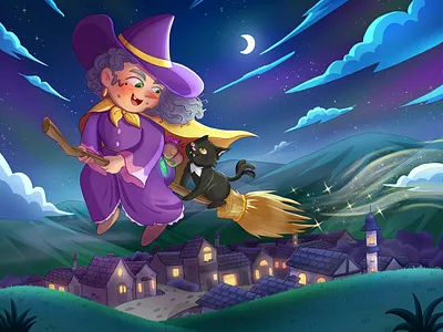 Granny Witch and Little Shadow cartoon cat childrens book clip studio paint colorful cute halloween illustration kid kids procreate spooky witch