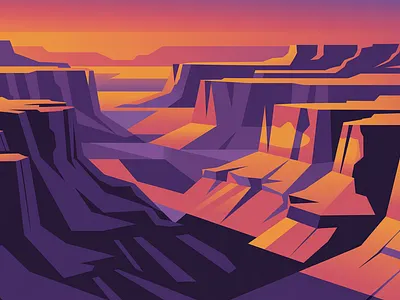 Stylized Geometric Sunset Canyon Landscape 2 adventure canyon landscape dramatic scene environment exploration theme geometric art illustration illustration by xinyan landscape illustration purple and orange stylized nature sunset colors travel vector vector illustration web website header