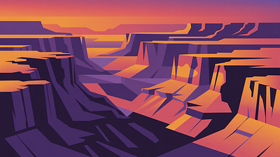 Stylized Geometric Sunset Canyon Landscape 2 adventure canyon landscape dramatic scene environment exploration theme geometric art illustration illustration by xinyan landscape illustration purple and orange stylized nature sunset colors travel vector vector illustration web website header