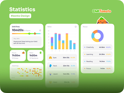 ChillTomato App - Pomo & Muscle Relaxation bento bento design dashboard design graphic graphic design illustration illustrator logo orange ui