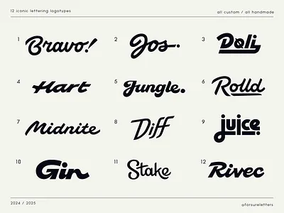 12 iconic lettering logotypes : collection authentic bold branding calligraphy collection custom flow font fun graphic design handlettering lettering logo premium script type unique wordmark