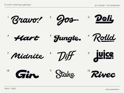 12 iconic lettering logotypes : collection authentic bold branding calligraphy collection custom flow font fun graphic design handlettering lettering logo premium script type unique wordmark