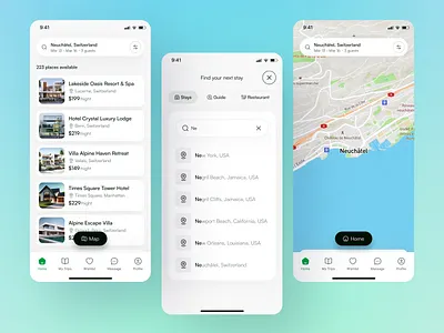 Hotel Booking App - Search Results app design booking app clean design hotel booking app hotel finder app minimal design mobile search results travel app vacation planner app