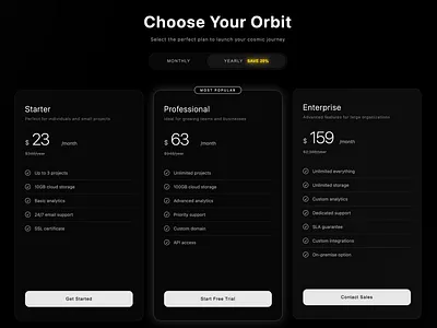 Pricing Section / Features Table Template (Dark and Light modes) cosmos graphic design landing page minimalist modern package pricing template ui