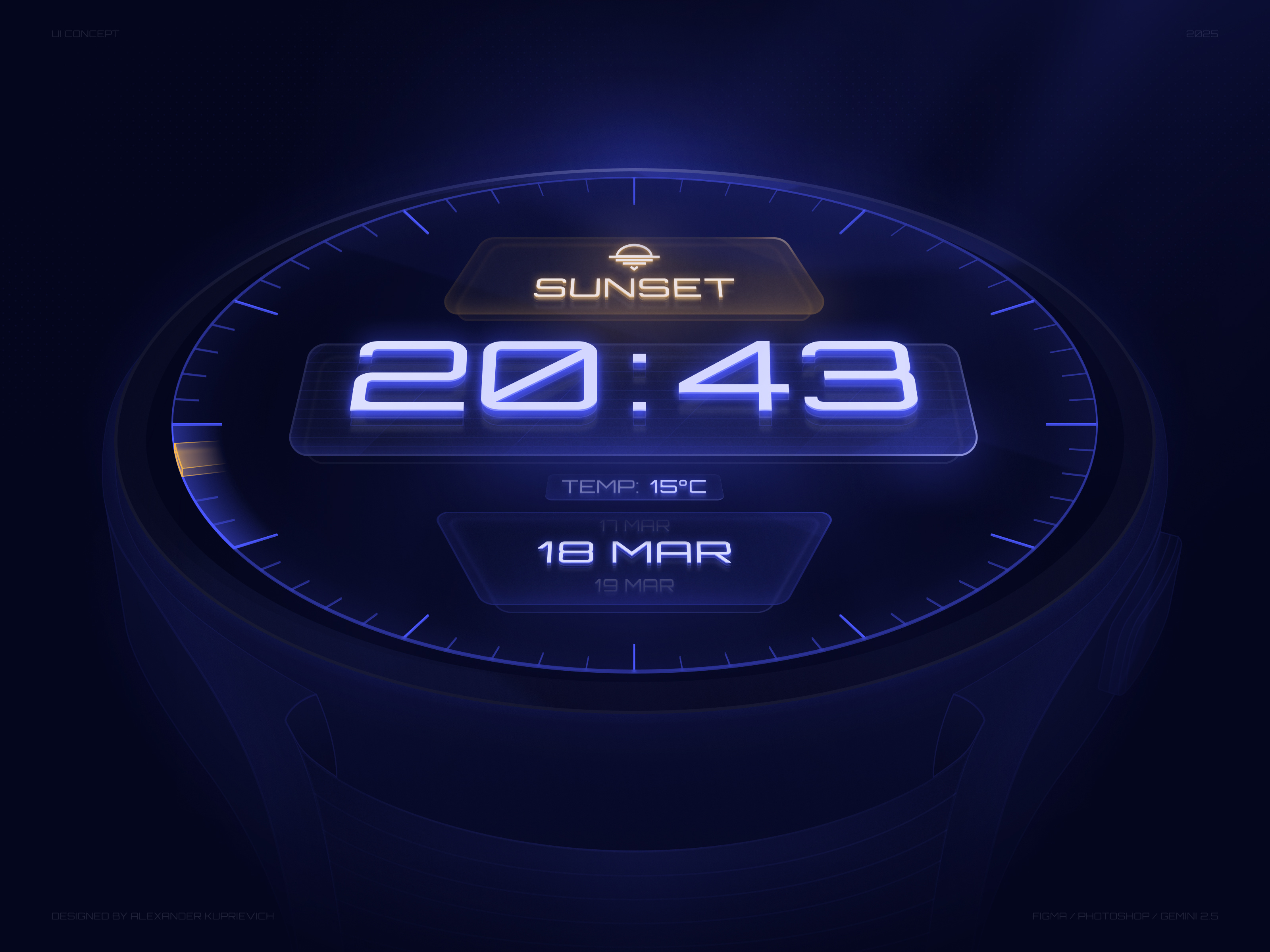 Chroneon - Watch Face Concept blue clock concept display figma futuristic glow neon scifi smartwatch ui watch face watch os watch skin watches watchui yellow
