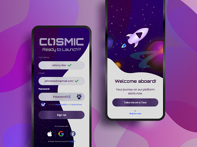 Sign Up Page for a Cosmic App dailyui dailyui 001 dailyuichallenge log in mobile app mobile design mobile ui rocket sign in sign up signup space spaceship ui ui design ux ux design