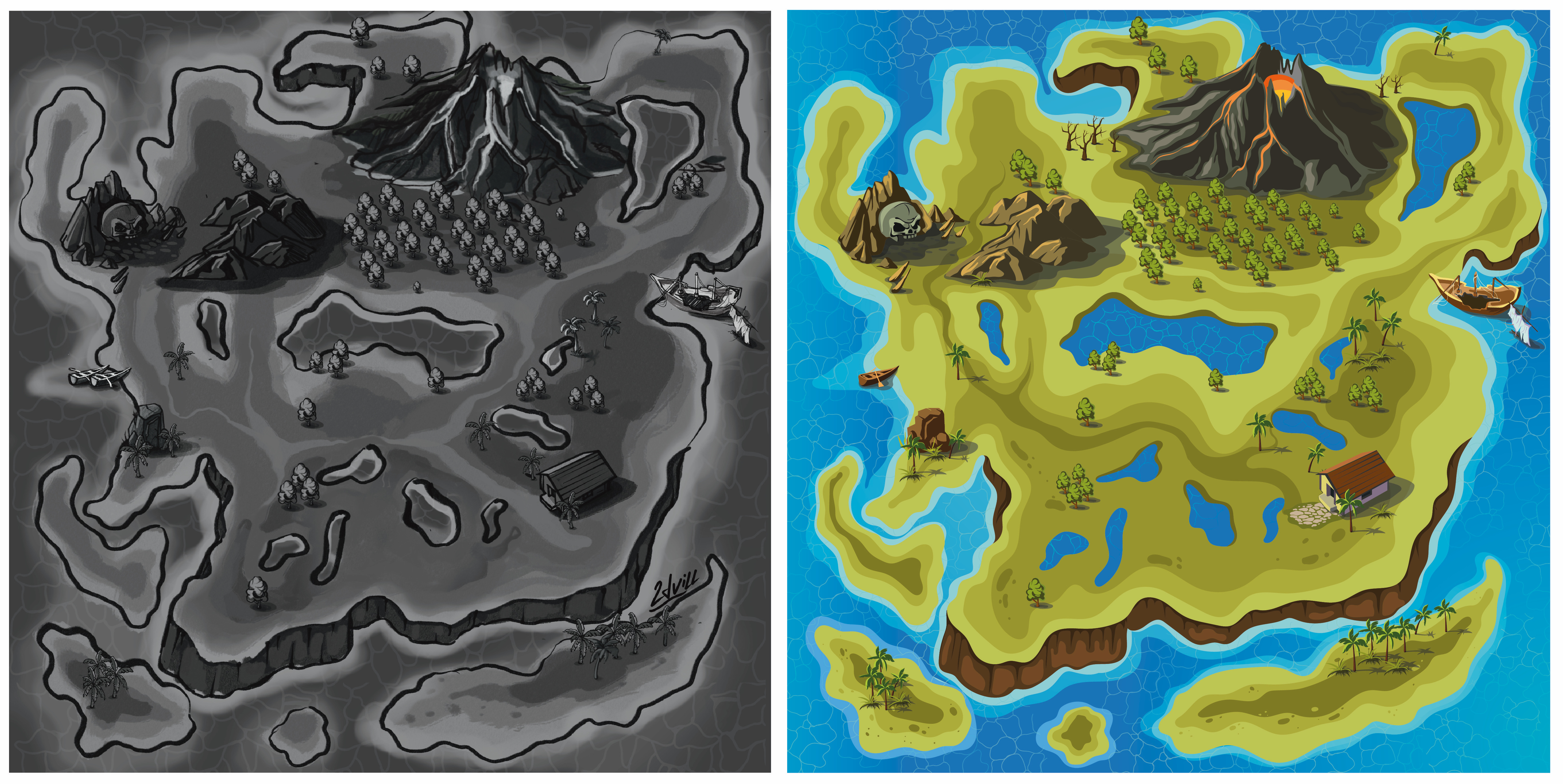 Map with objects cave design forest island level map mountains palm sea sketch trees vector volcano