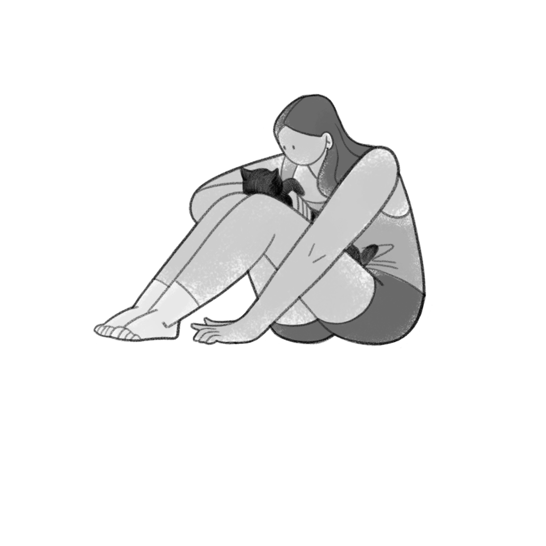 A girl with a cat raster illustration adobe photoshop black and white book illustration calm cartoon character desig character design drawing girl with a cat illustration line loneliness monochrome mood outline raster illustration single sketching wasting time with cat