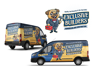 Exclusive Builders brand branding character design dog home service home service brand illustration logo mascot pug suit van