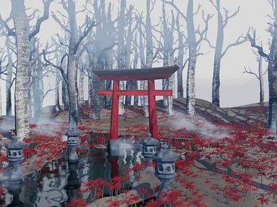 Shrine in the Fog 3dart 3ddesign blender blender3d blenderrender deep paint deeppaint eevee fog foggy horror japan lycoris red spider lily shrine watercolor