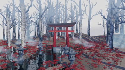 Shrine in the Fog 3dart 3ddesign blender blender3d blenderrender deep paint deeppaint eevee fog foggy horror japan lycoris red spider lily shrine watercolor