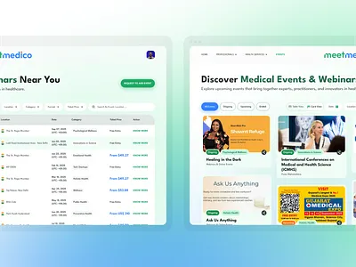 MeetMedico Events Listing design events homepage hospital medical medicine ui design ui inspiration uiux uiux design